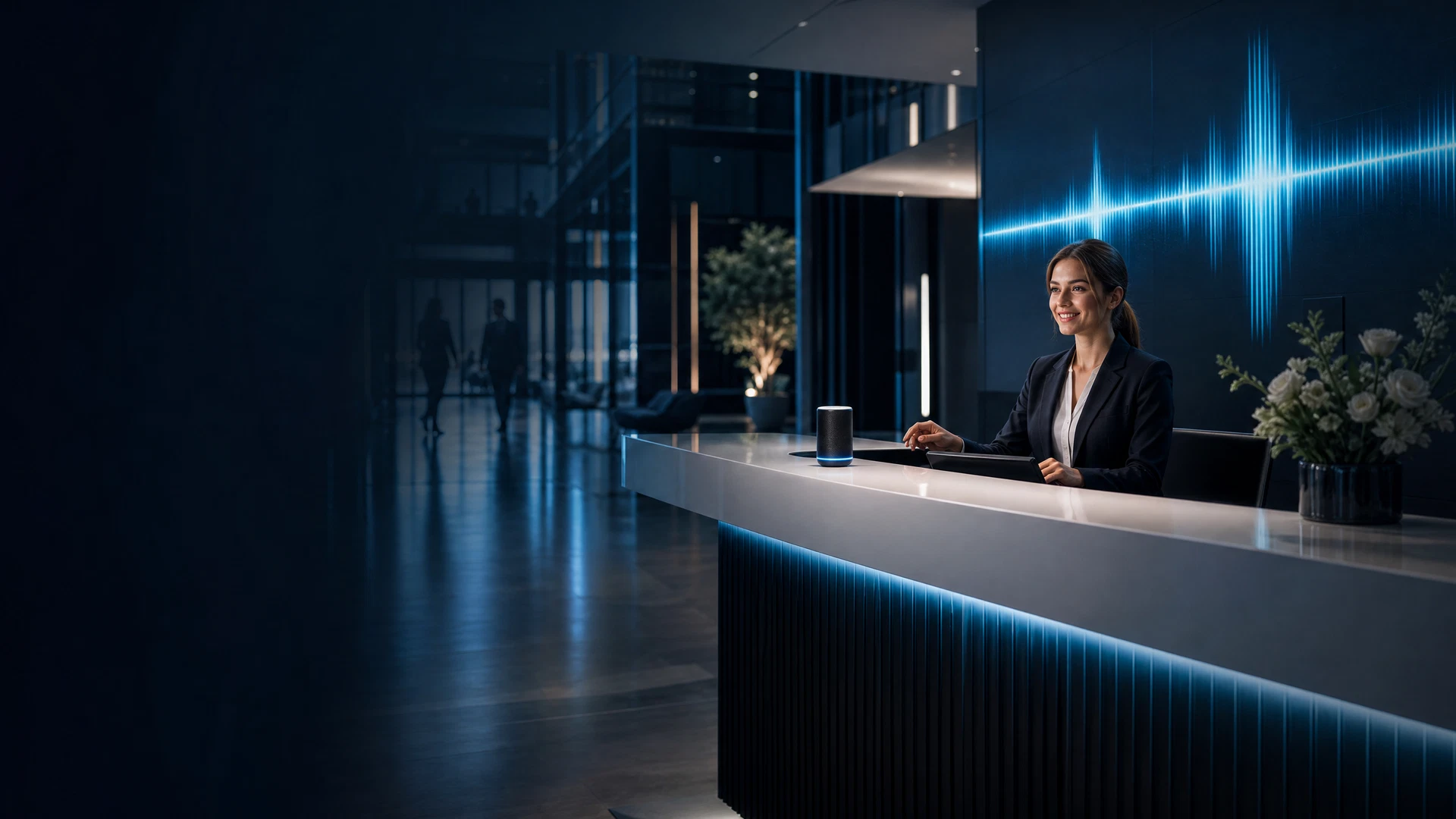 Modern office reception with intelligent voice control for Nia FrontDesk