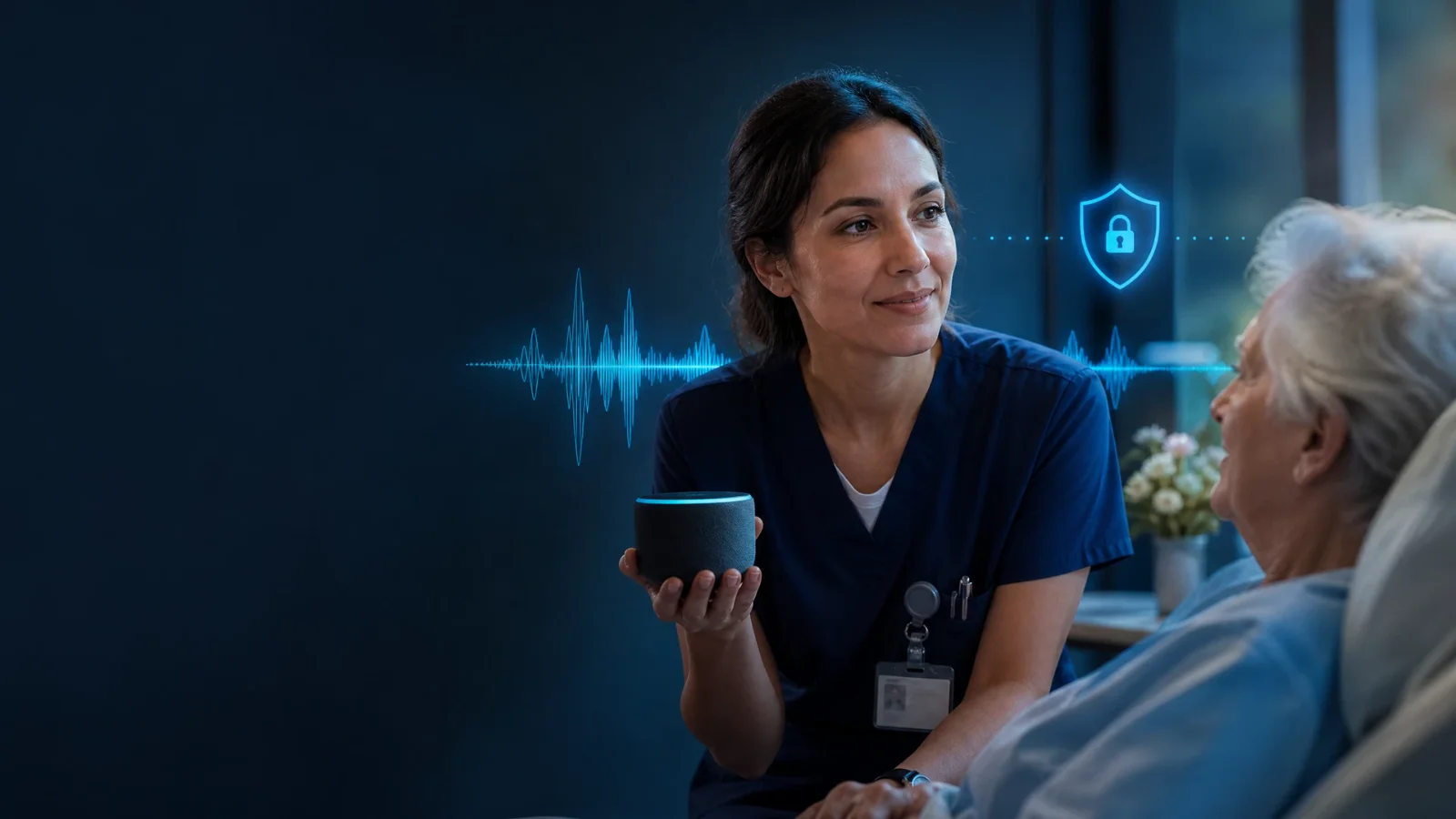 A care professional using an AI voice assistant in healthcare and social care